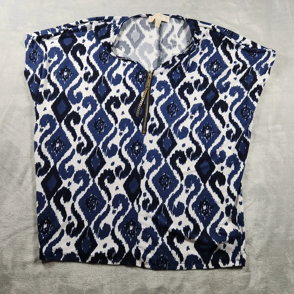 Michael Kors Women Top M Blue Whi PolyBlend Short Sleeve‎ 1/4 Zip Casual Blouse